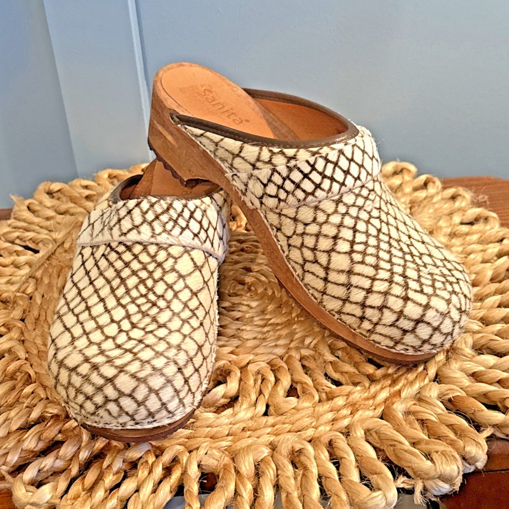 Sanita Cream & Brown Patterned Real Cows Hair Slip-on Clogs Shoe Size US 8.5